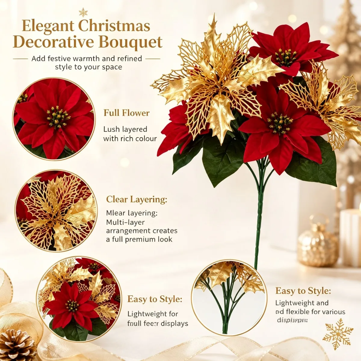Christmas Gold Flower Bundle Artificial Floral Bunch DIY Home Decor SD56 2 Pcs Recommended Christmas Holiday Gift
