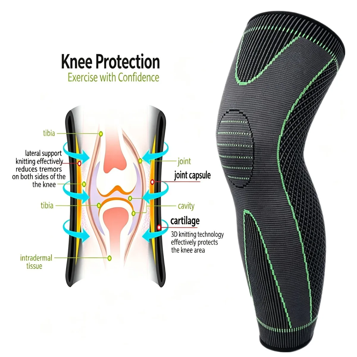 3D Long Knit Knee Pads Anti-Slip Breathable Compression Support for Basketball Running Workout 1 Pair XL Suitable for Christmas Gifting