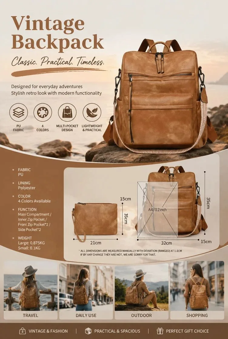 Two-Tone Coffee Textured Women Retro Backpack Multi Functional Large Capacity Bag