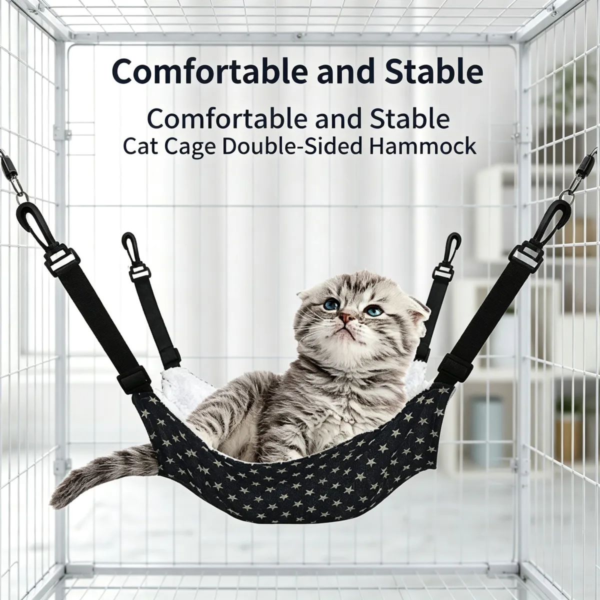 27x27cm White Blue Striped Adjustable Cat Cage Hammock | Christmas Tiny Plush Warm Gift | Fleece Lined Hanging Cat Bed Swing with Hooks for Kittens
