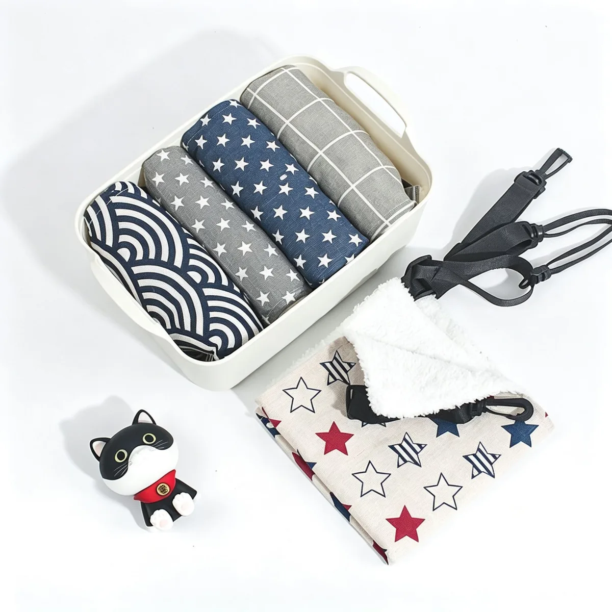 27x27cm White Blue Striped Adjustable Cat Cage Hammock | Christmas Tiny Plush Warm Gift | Fleece Lined Hanging Cat Bed Swing with Hooks for Kittens