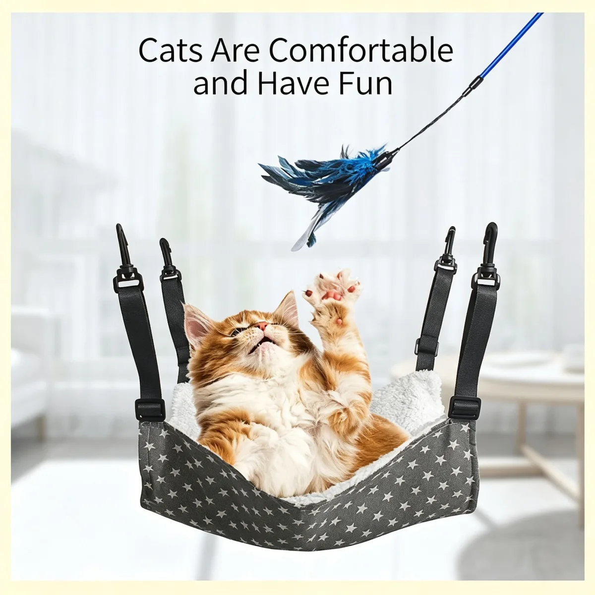 27x27cm White Blue Striped Adjustable Cat Cage Hammock | Christmas Tiny Plush Warm Gift | Fleece Lined Hanging Cat Bed Swing with Hooks for Kittens