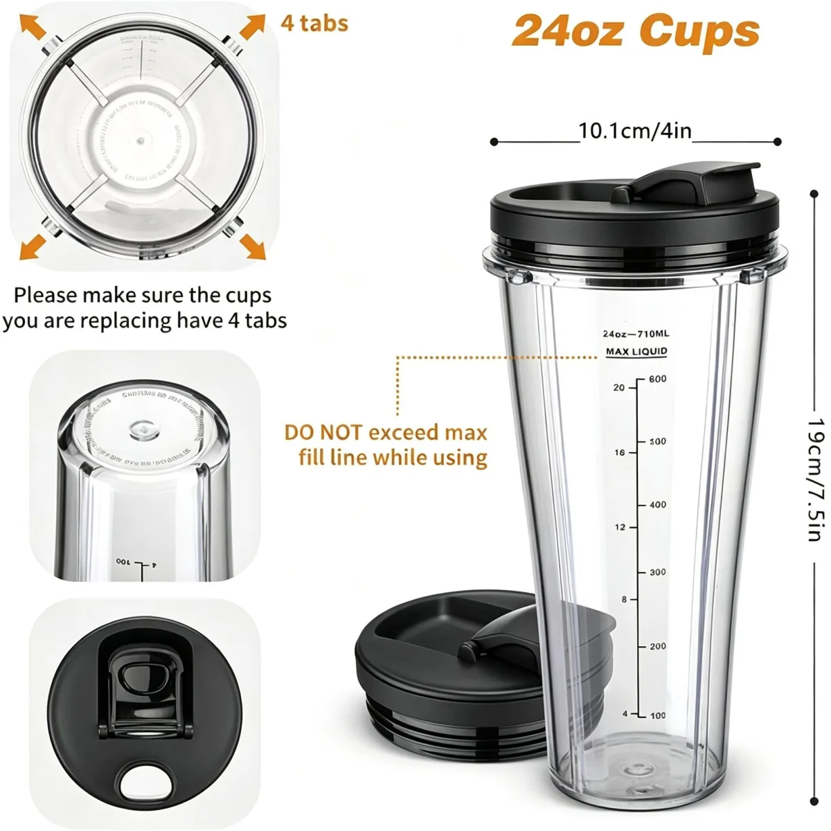 Replacement Ninja Blender Cup Compatible with 32oz 24oz 18oz BL480 BL482,2Pcs 18oz Blender Cups & 2Pcs Flip” Top op Lids,Halloween Kitchen Replacement Parts Gift