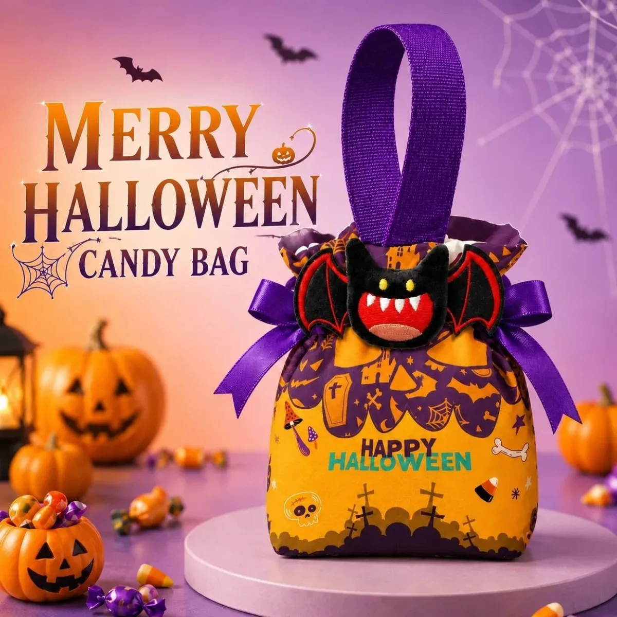 8Pcs Orange Background Pumpkin Halloween Drawstring Bags With Pumpkin Doll