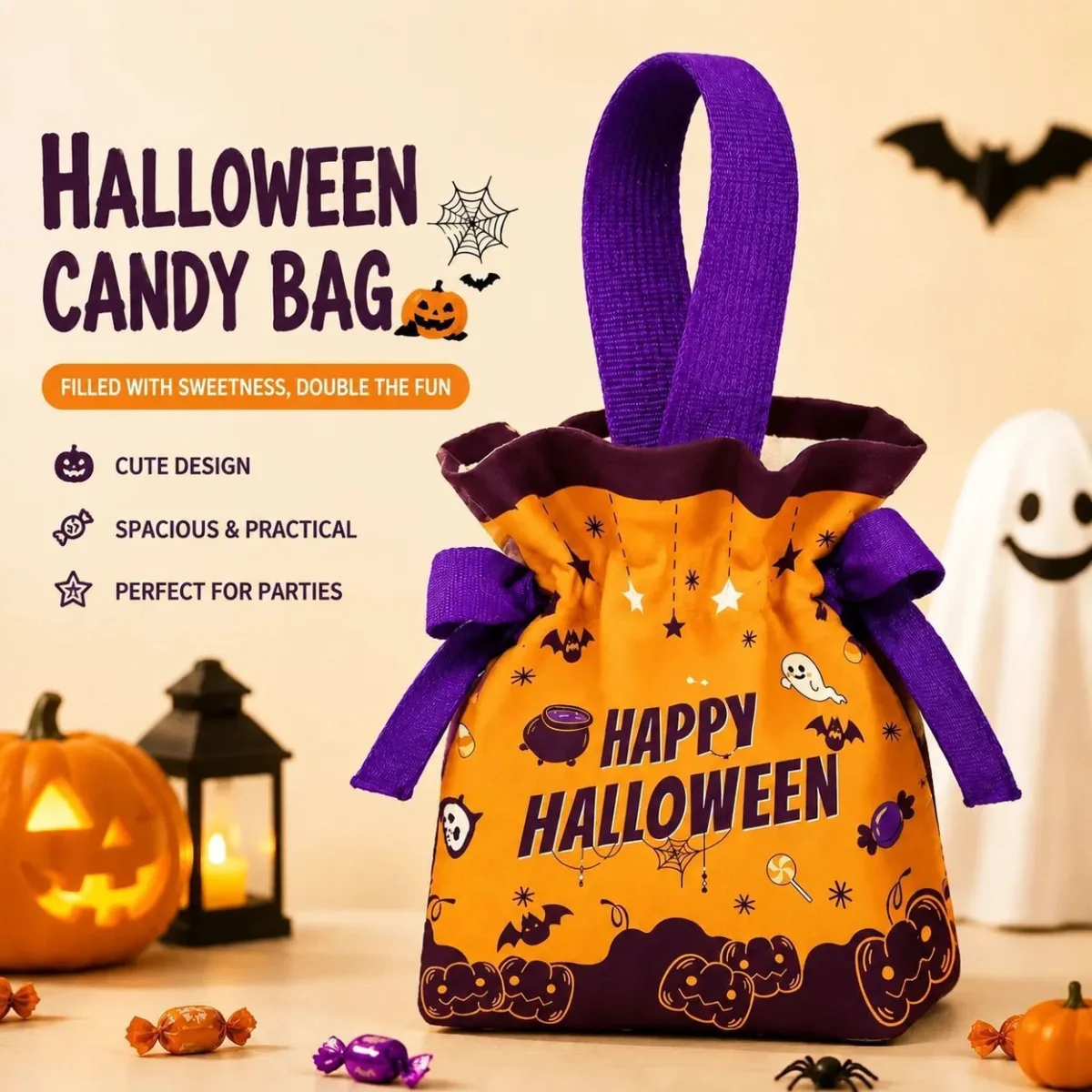 8Pcs Purple Background Black Cat Halloween Drawstring Bags With Bat Doll