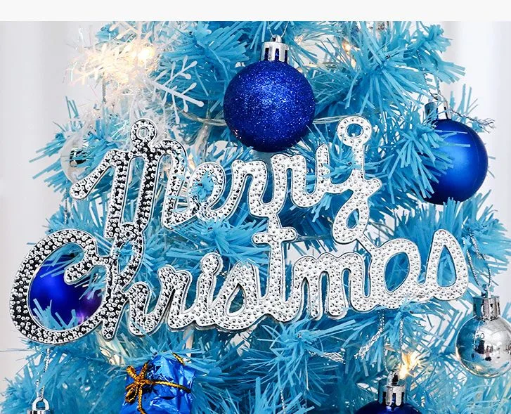 60cm Blue Mini Christmas Tree Set | Includes Star Topper, Letter Sign, Ornament Balls & Snowflake Decorations, Fresh & Dreamy Desktop Holiday Décor (No Lights Version)