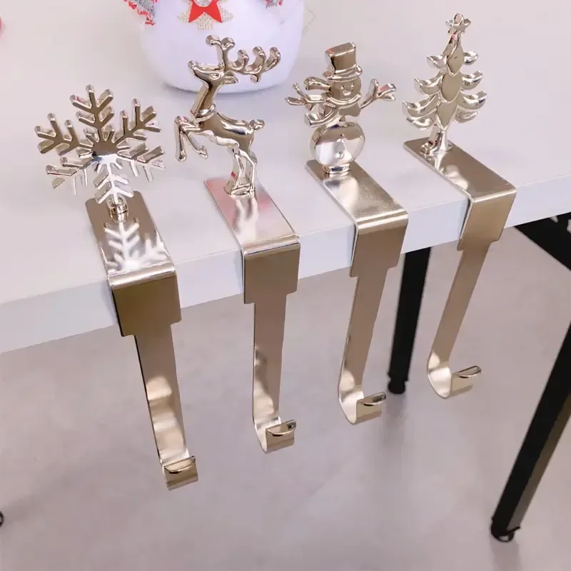 4-Pack No-Drill Metal Christmas Hooks – Gold tree and snowflake design, universal hanging bracket for fireplace mantels and door frames. (golden)