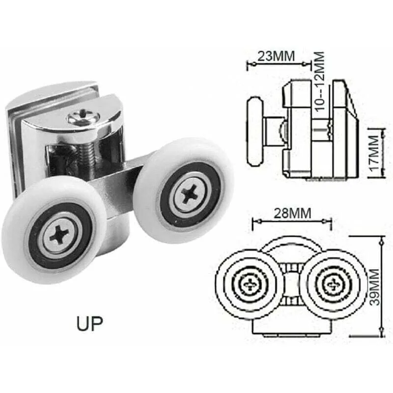 4 Pcs Double Castors, 2 Zinc Alloy Bathroom Castors Diameter for Sliding Shower Door, 23mm Diameter