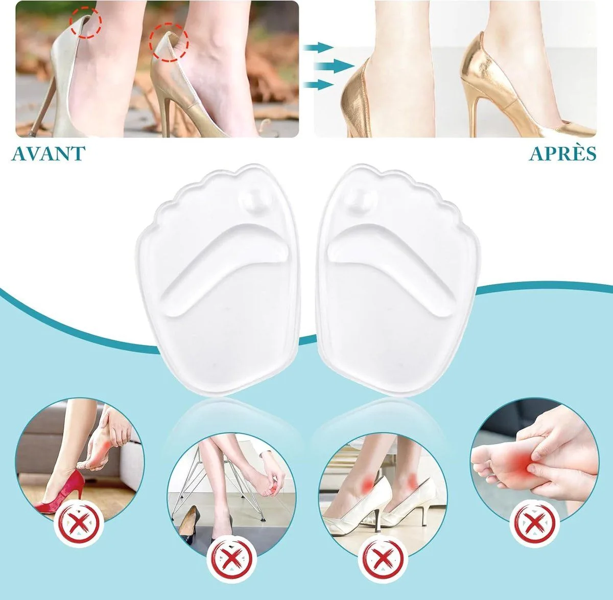 4 Pair Reusable Non Slip Gel Forefoot Insoles, Transparent Silicone Cushions