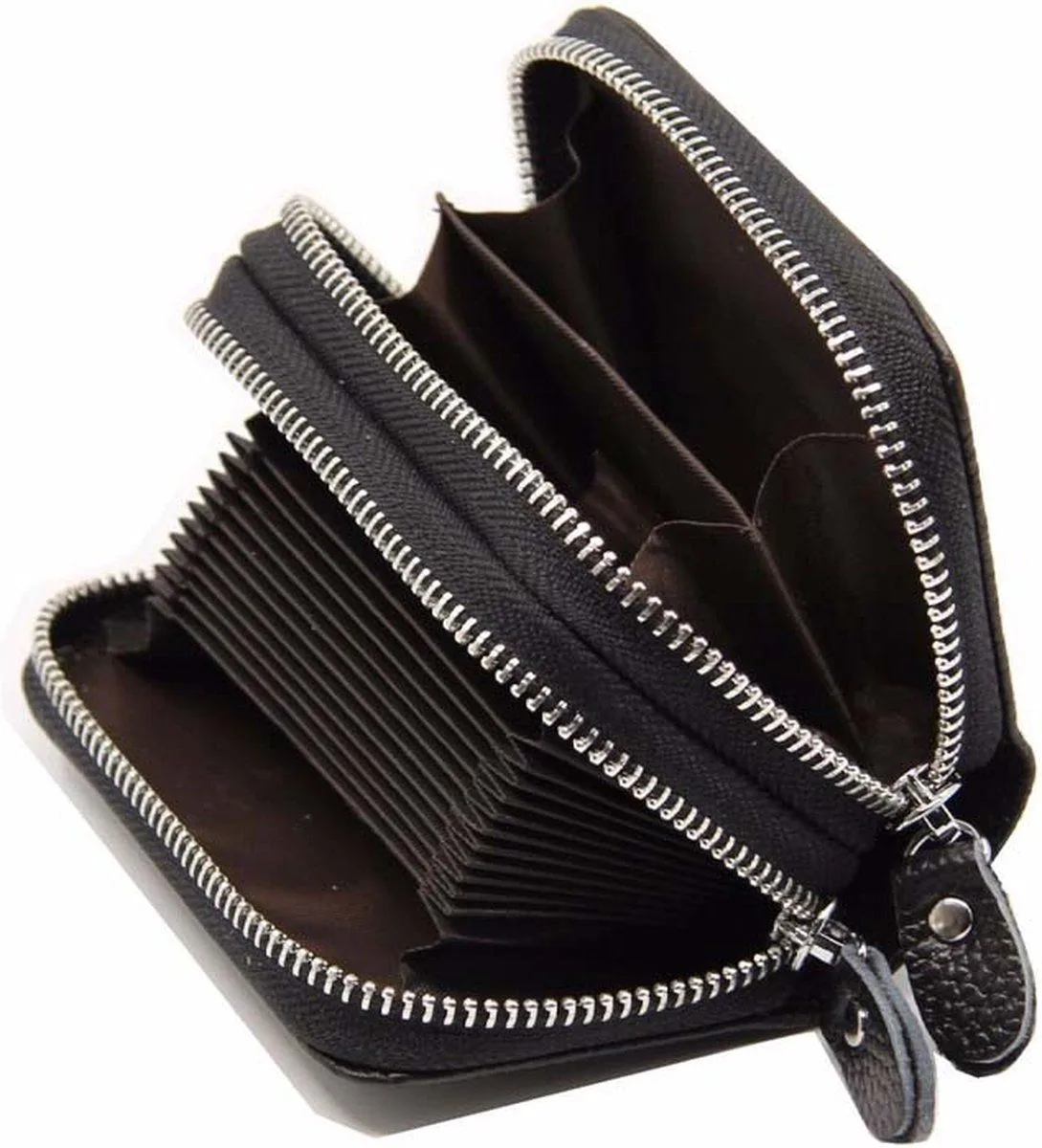 Black RFID Blocking Leather Wallet with Double Zipper and Coin Compartment