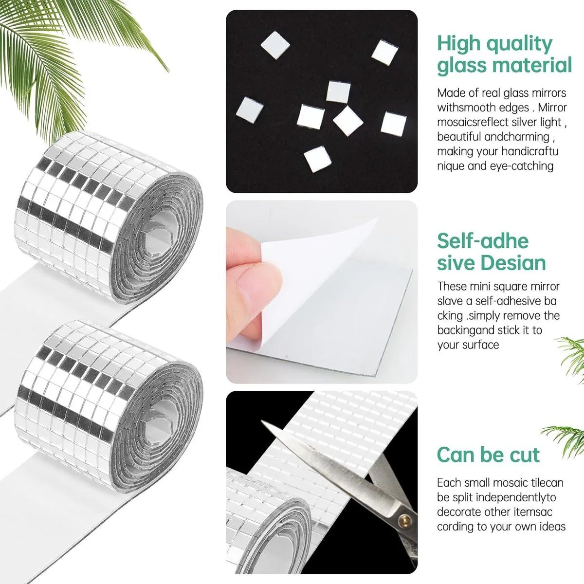 2 Piece Silver Self Adhesive Mosaic Mirror Sticker Set, Square, 5 x 5 mm