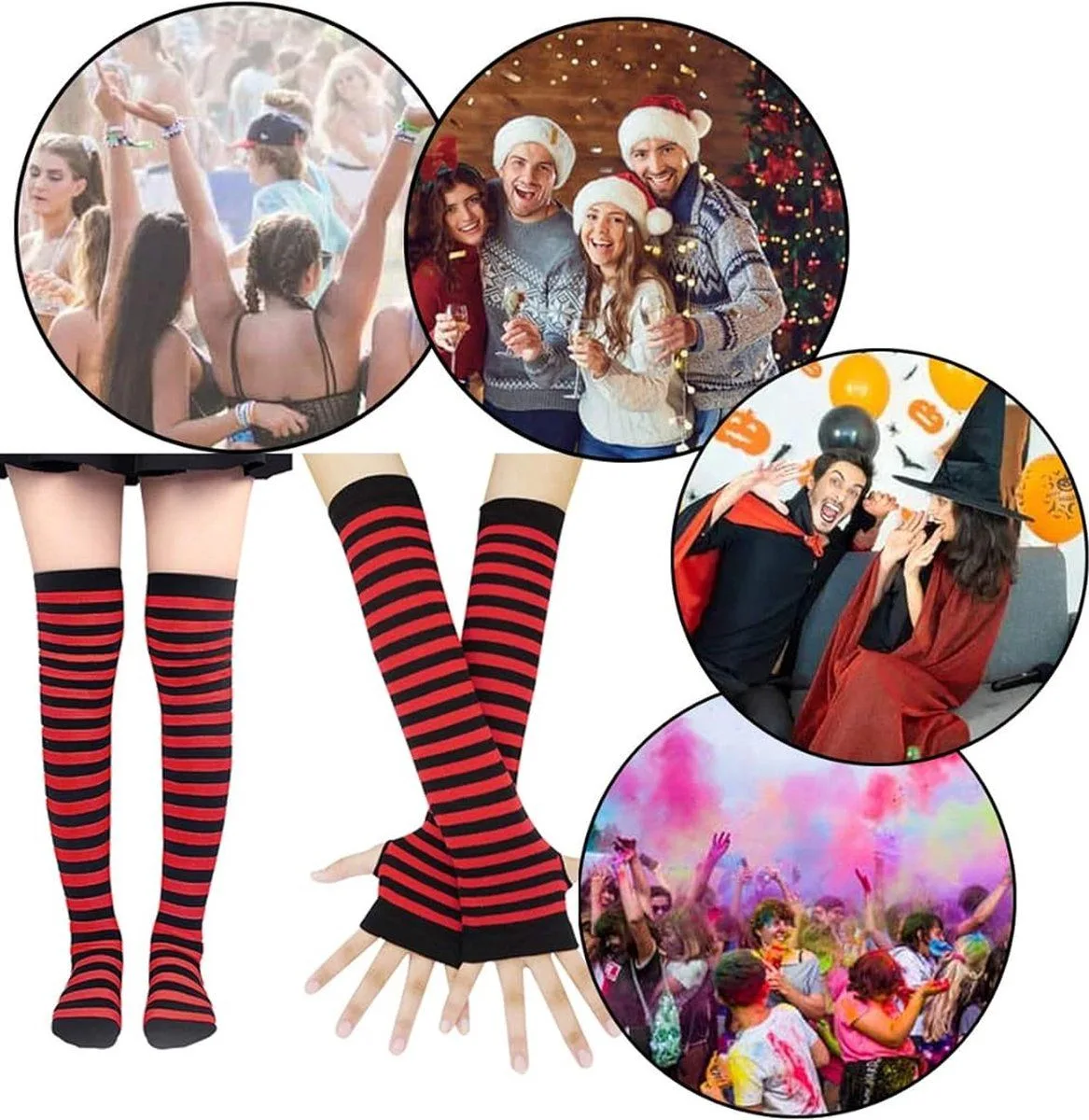 1 Set Black and Red Striped Arm Warmers and Knee Socks, Fingerless Knit Gloves