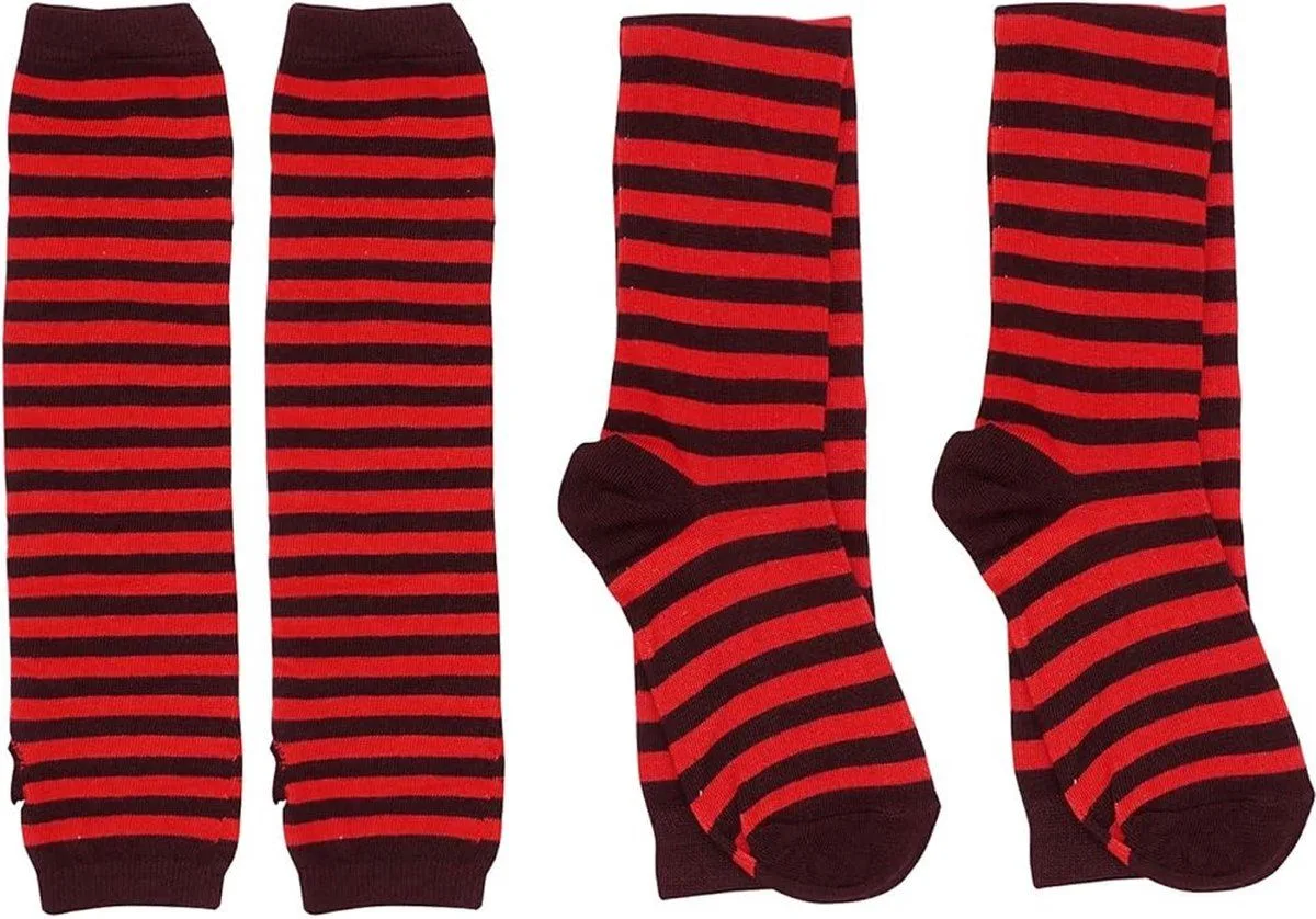 1 Set Black and Red Striped Arm Warmers and Knee Socks, Fingerless Knit Gloves