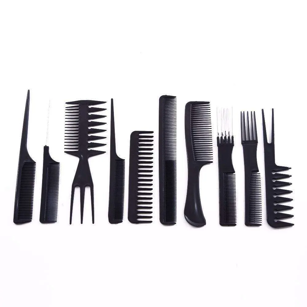 10pcs Professional Comb Set with Different Shapes, Black