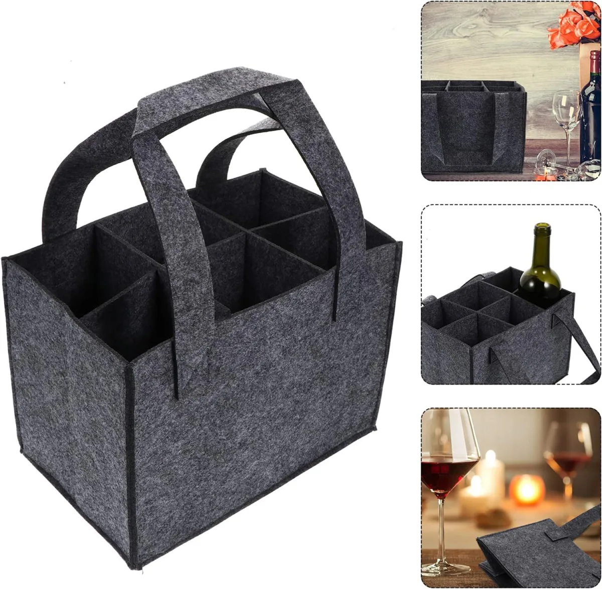 1 Piece Felt Wine Bag for 6 Bottles with Dividers Grey