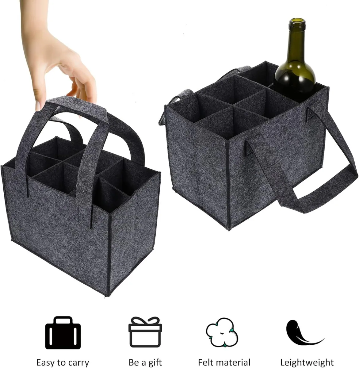 1 Piece Felt Wine Bag for 6 Bottles with Dividers Grey