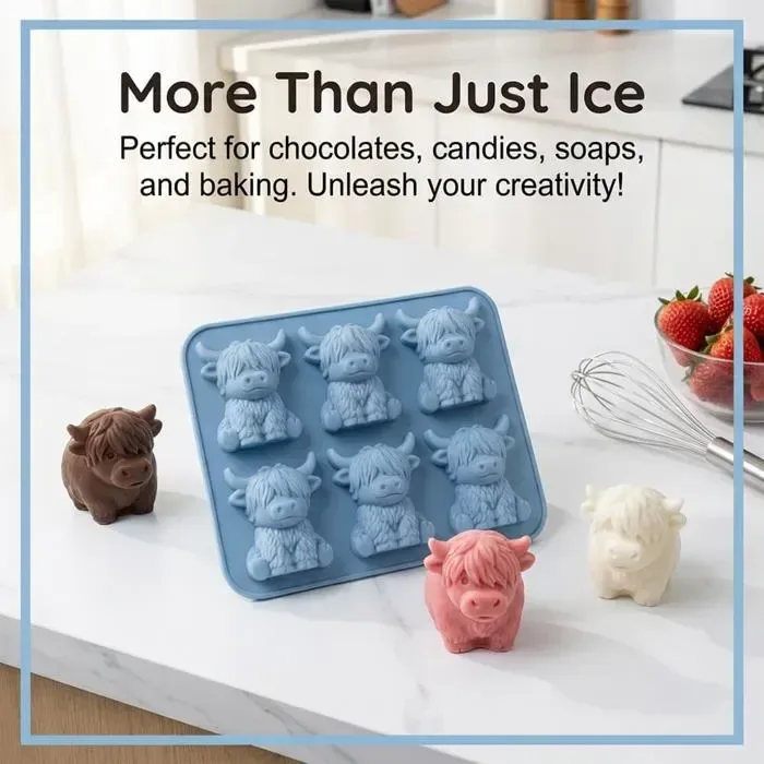 6 Cavity 3D Highland Cow Silicone Ice Mold