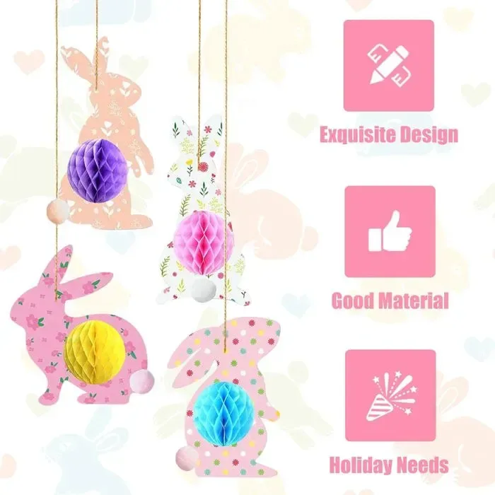 4 Pack 3D Paper Honeycomb Bunny Decorations