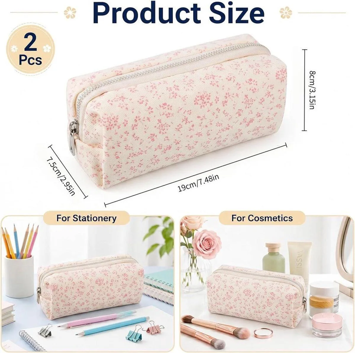 2 Pcs Pencil Case, Small Floral Fabric Zipper Bag for Stationery Storage