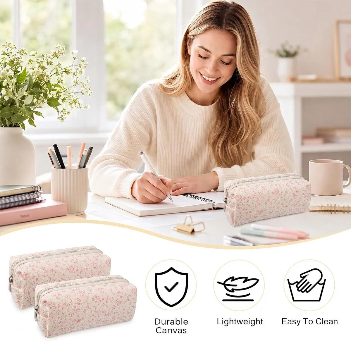 2 Pcs Pencil Case, Small Floral Fabric Zipper Bag for Stationery Storage
