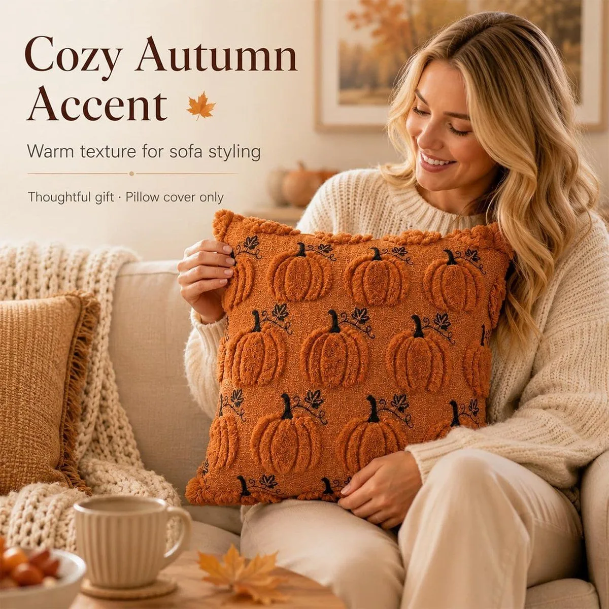 2 Pack Pumpkin Cushion Covers Caramel Autumn Decorative Pillow Cases for Sofa Couch Fall Decoration, 45x45 cm
