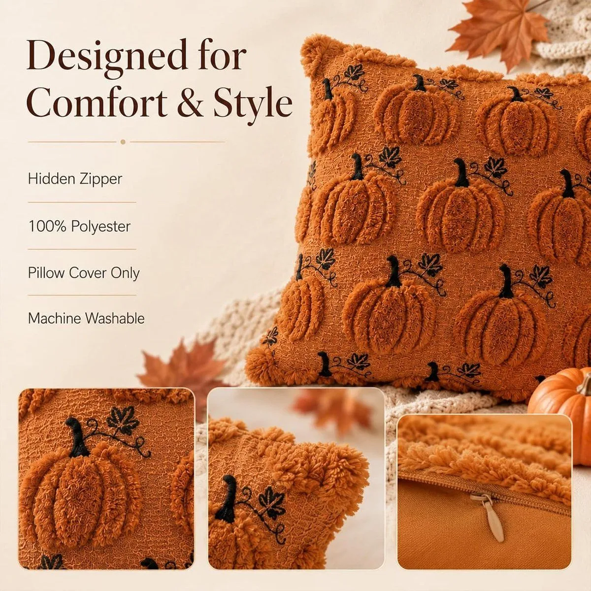 2 Pack Pumpkin Cushion Covers Caramel Autumn Decorative Pillow Cases for Sofa Couch Fall Decoration, 45x45 cm