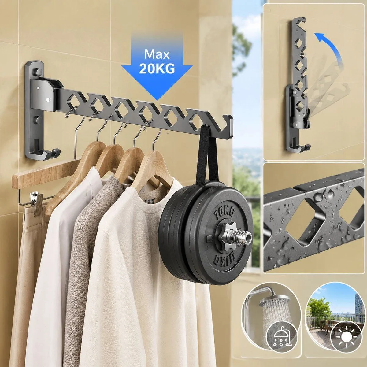 2 Pack Foldable Wall Mounted Drying Rack, Aluminum Clothes Drying Rack for Bathroom Balcony, Waterproof, 34x3x13 cm
