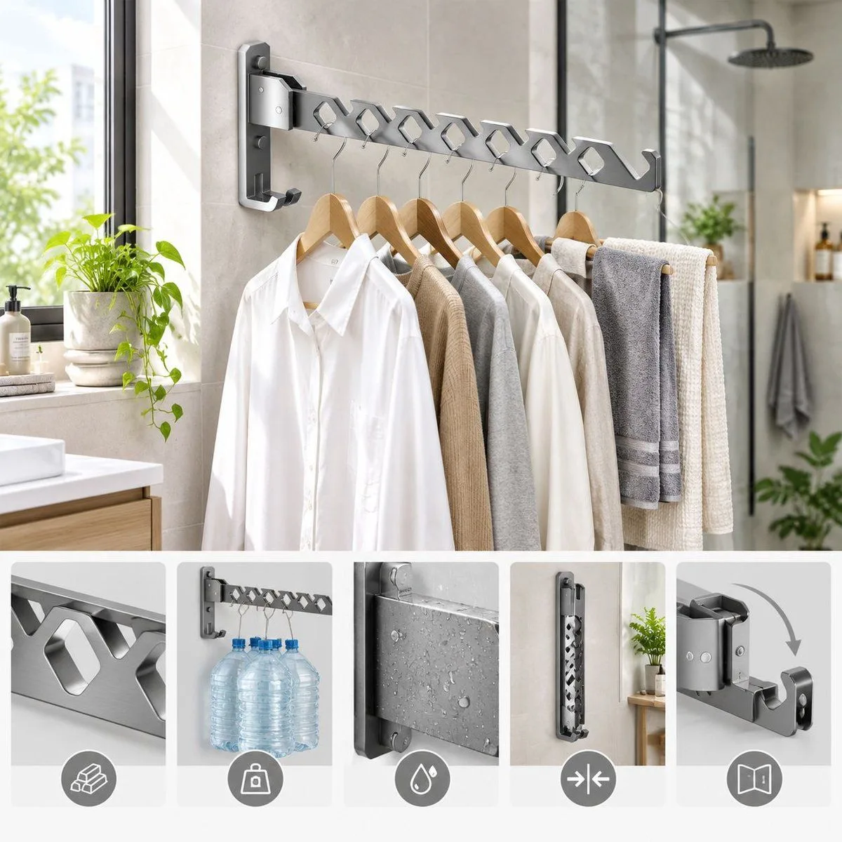 2 Pack Foldable Wall Mounted Drying Rack, Aluminum Clothes Drying Rack for Bathroom Balcony, Waterproof, 34x3x13 cm