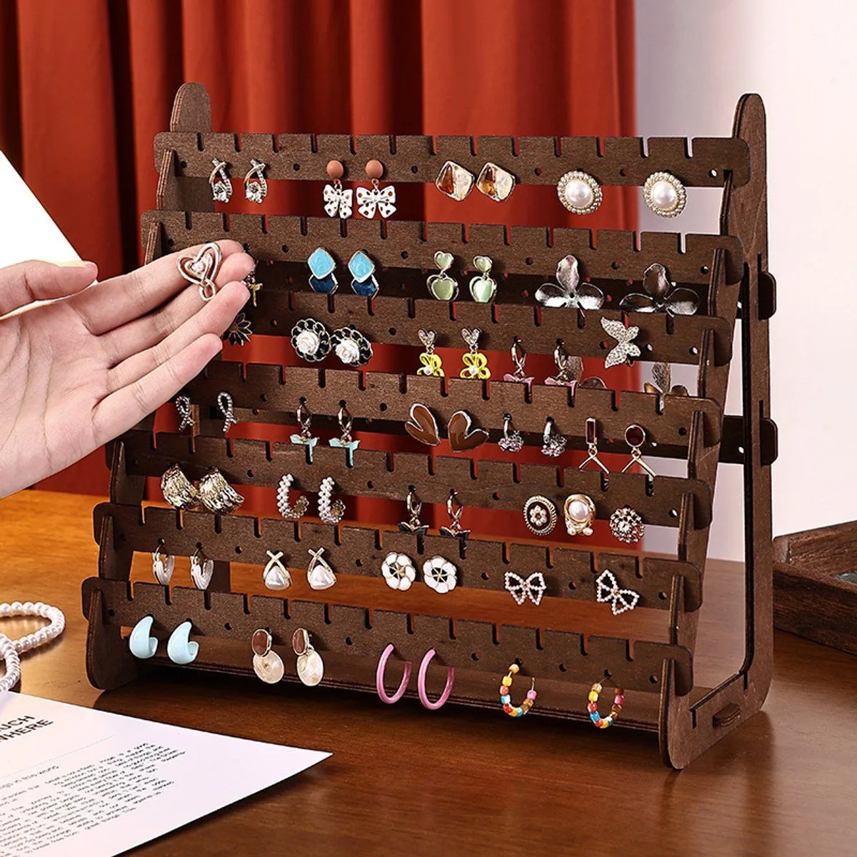 7 Tier Earring Organizer Stand, Wooden Earring Holder Display Rack for Stud Earrings and Hanging Jewelry Storage