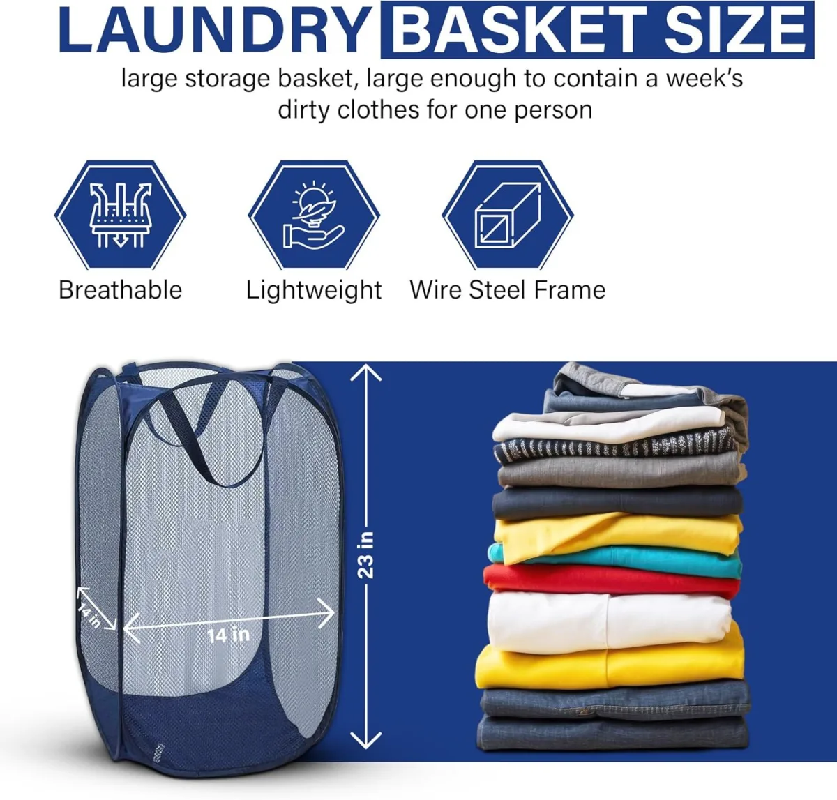 1 Pack Mesh Pop Up Laundry Hamper, Lightweight Foldable Clothes Basket with Easy Carry Handles, Durable Mesh Design for Air Circulation and Simple Storage, Navy (1 Pack)