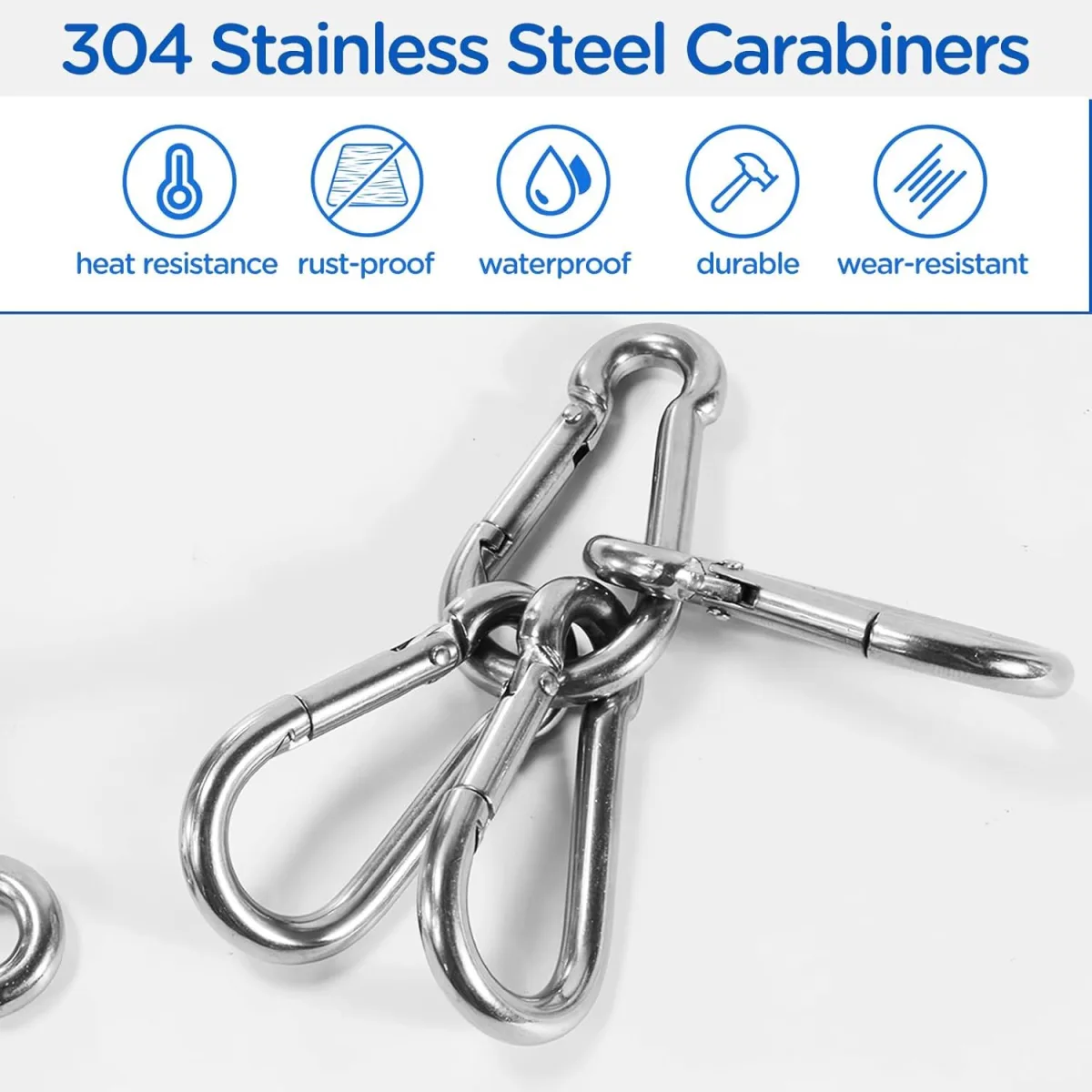 304 Stainless Steel Carabiners, M6 Carabiners Clips for Camping,Swing,Hiking,Hammock,Water Bottle, Backpack