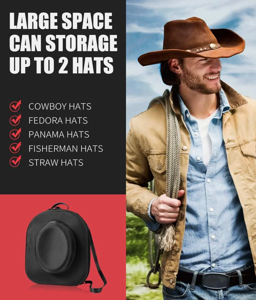 Hard Shell Cowboy Hat Case for Travel, Universal Fedora Hat Box Storage Organizer with Elastic Luggage Strap, Crush-Proof Protective Hat Carrier Bag for Large Brim Hats Men Women