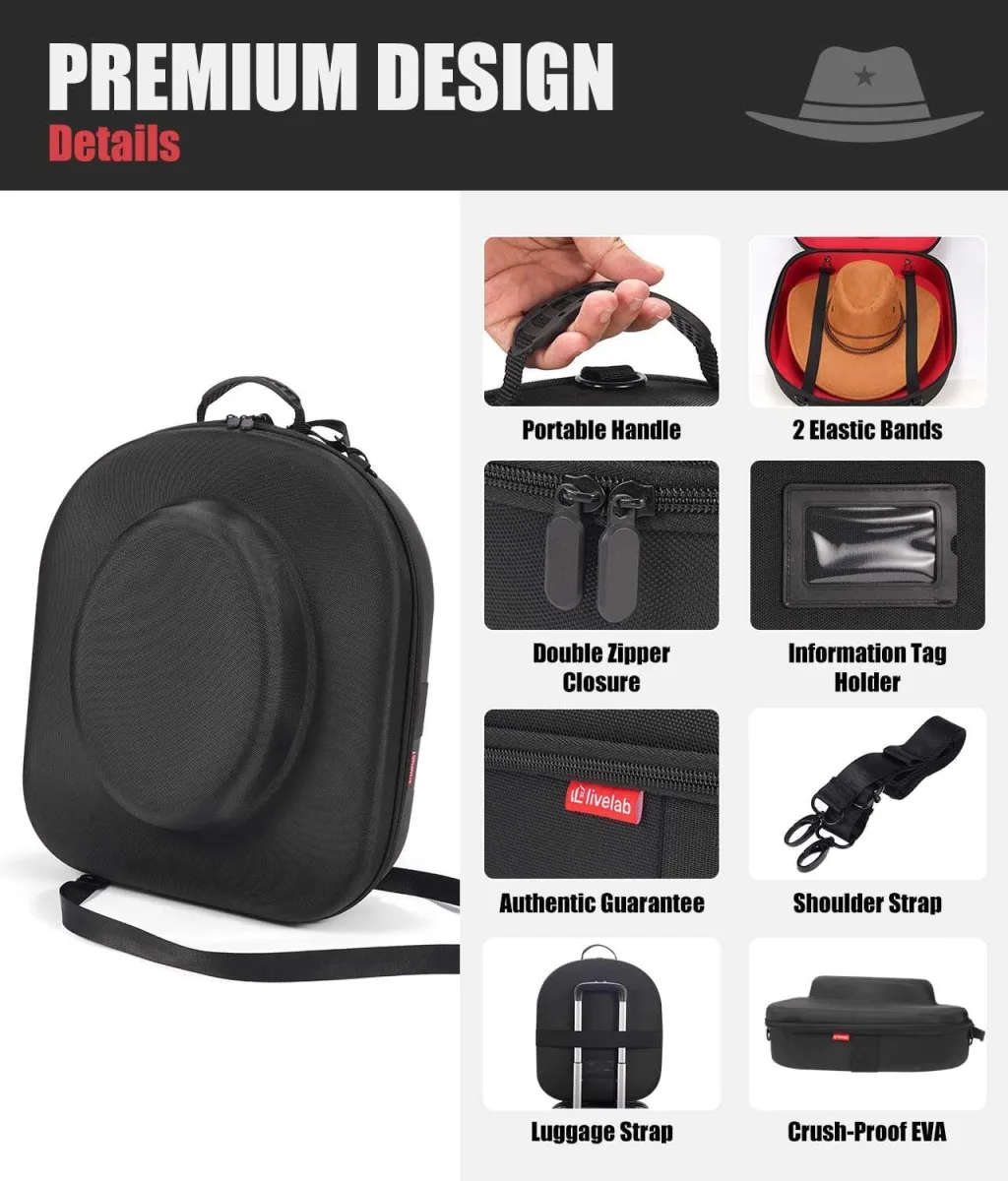 Hard Shell Cowboy Hat Case for Travel, Universal Fedora Hat Box Storage Organizer with Elastic Luggage Strap, Crush-Proof Protective Hat Carrier Bag for Large Brim Hats Men Women
