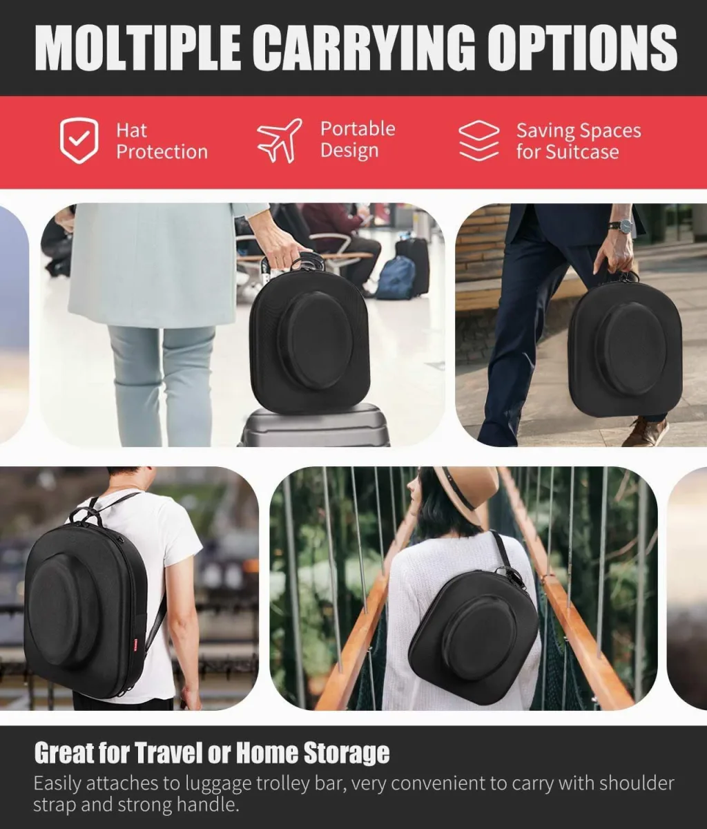Hard Shell Cowboy Hat Case for Travel, Universal Fedora Hat Box Storage Organizer with Elastic Luggage Strap, Crush-Proof Protective Hat Carrier Bag for Large Brim Hats Men Women