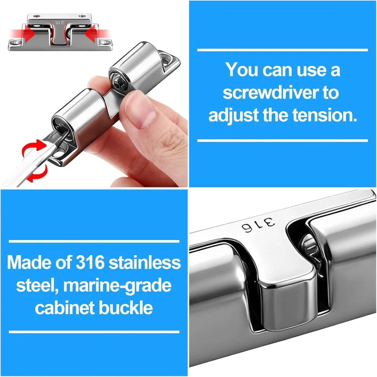 2 Pack Marine Grade 316 Stainless Steel Cabinet Tension Catch 70 mm Double Ball Tension Roller Catch Latch for Ship Hardware, Deck Installation, Cabinet, Closet & Furniture Door