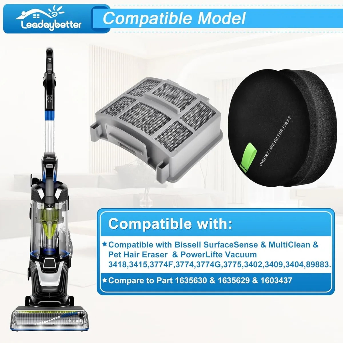 39883 Vacuum ilter or Bissell Pet Hair Eraser 39883 3418 3774 3409 3774 3774G 3775 3415 3404 3402 SuraceSense Vacuums, Model 1635630 & 1635629