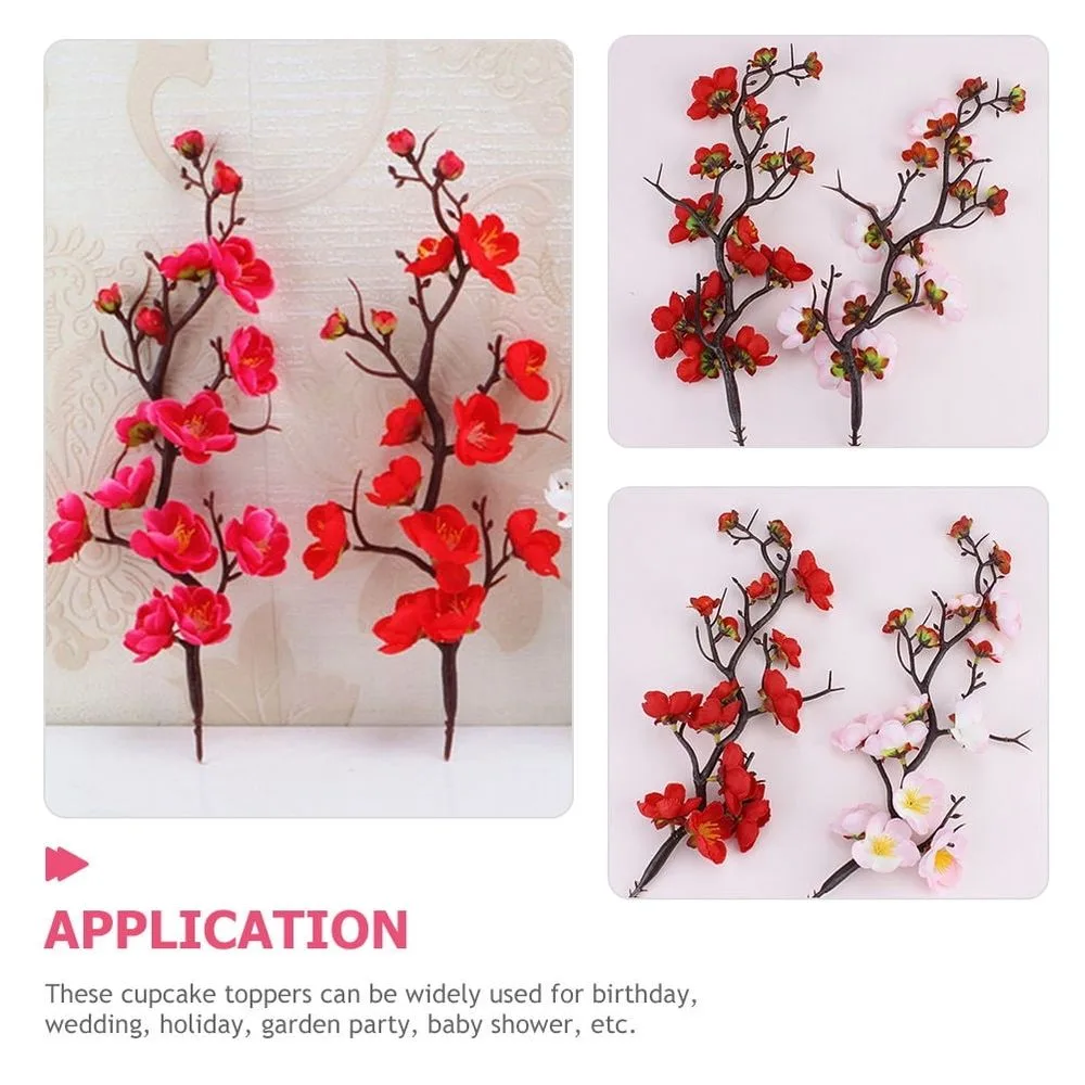6Pcs Red Birthday Cupcake Toppers Plum Blossom Cake Picks Party Decoration