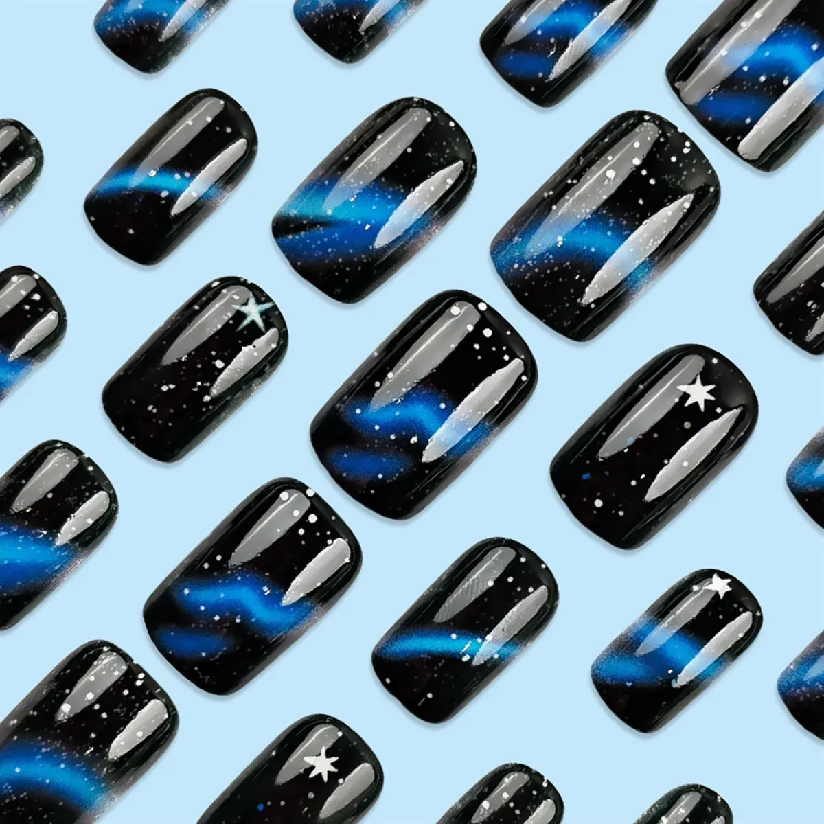 24pcsStarry Galaxy Press-On Nails for Parties, Daily Wear, and Special Occasions (Black)