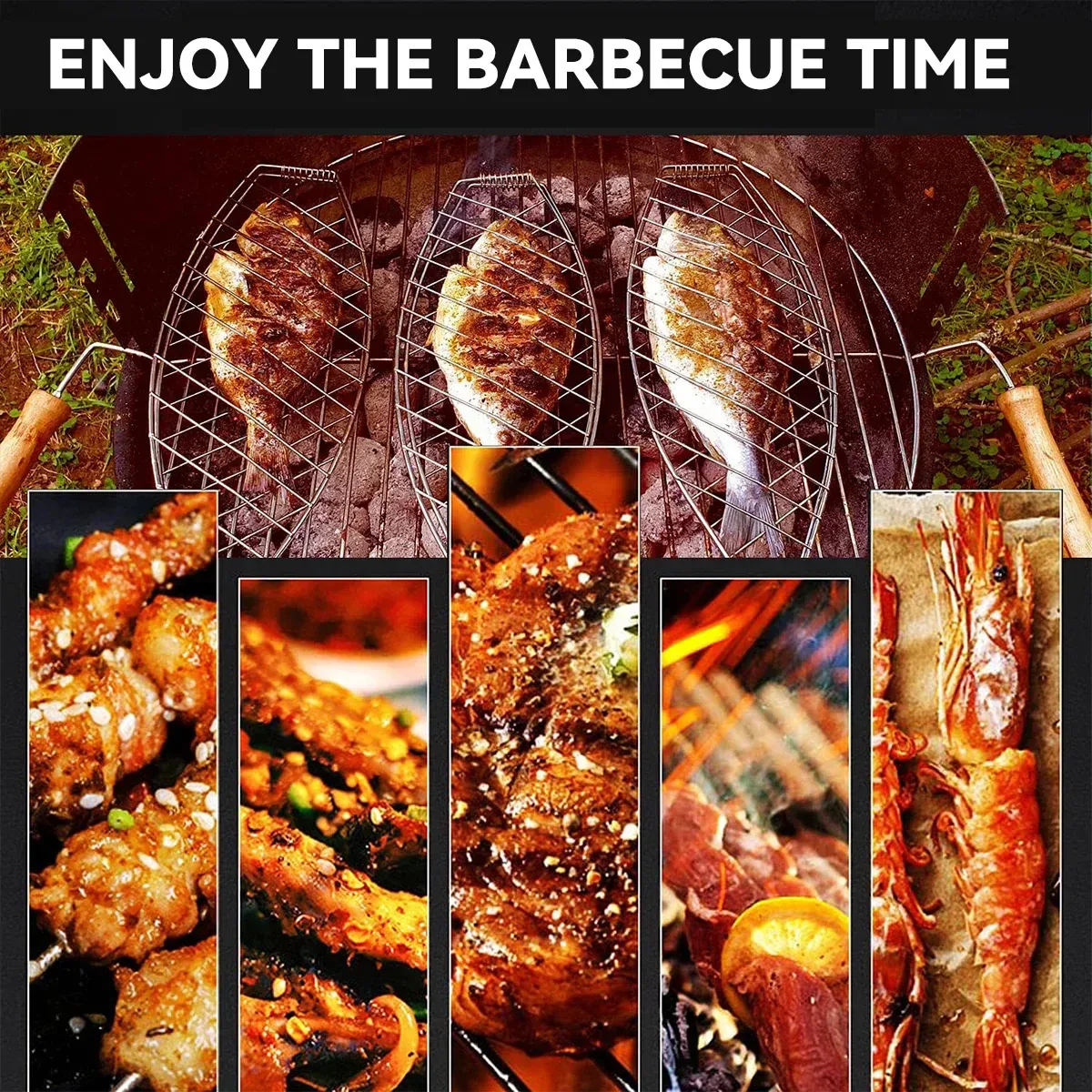 Barbecue Net Clamp Iron Wire Mesh with Wooden Handle for Camping Grill - 24x24cm
