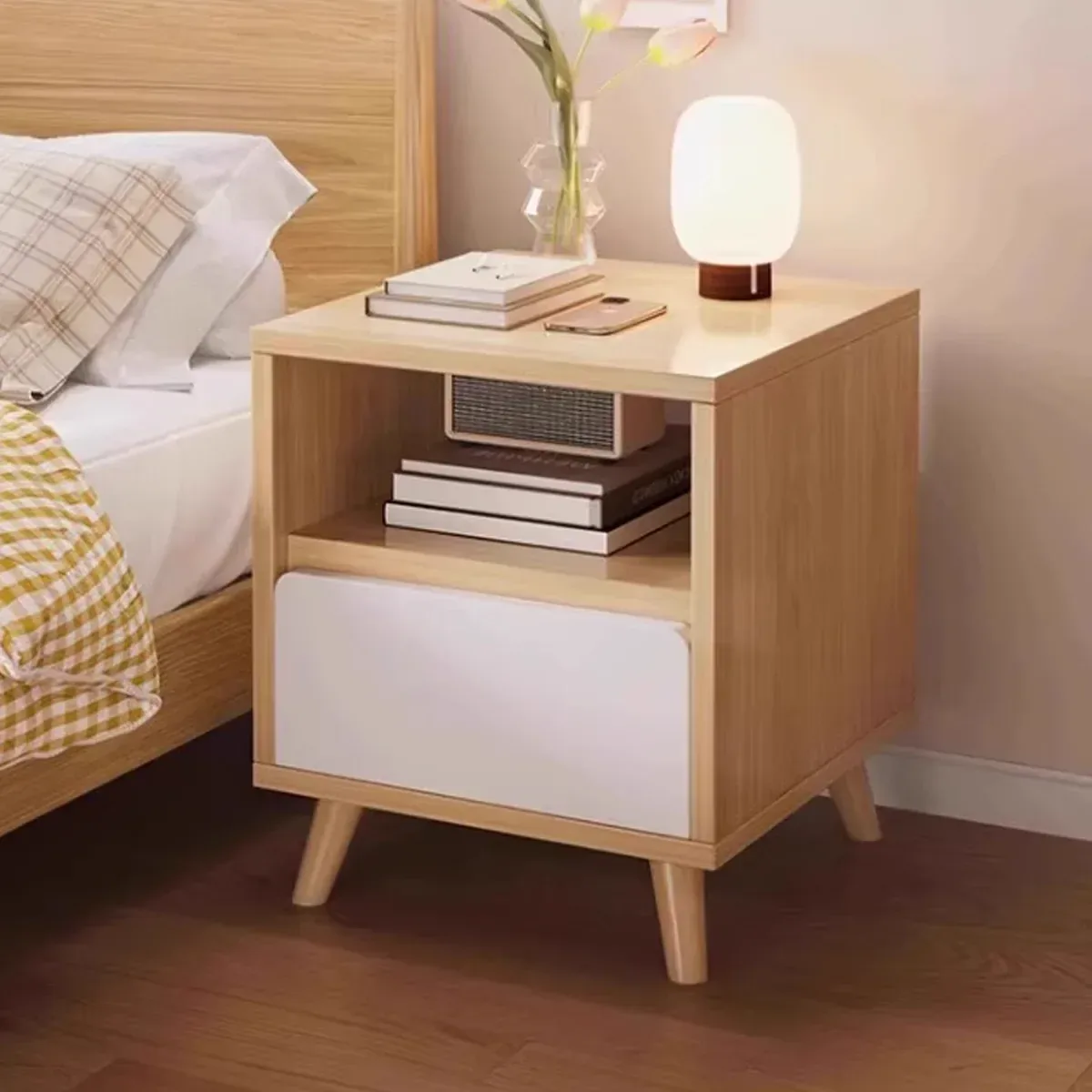 Bedside Table with Drawers Nightstand Wood End Table Bedroom Storage Space Saving