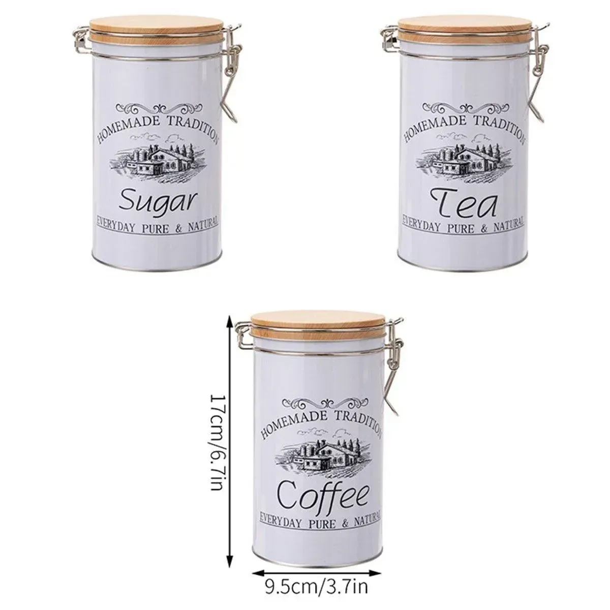 3PCS White Tinplate Coffee Tea Sugar Storage Jar Set Sealed Kitchen Counter
