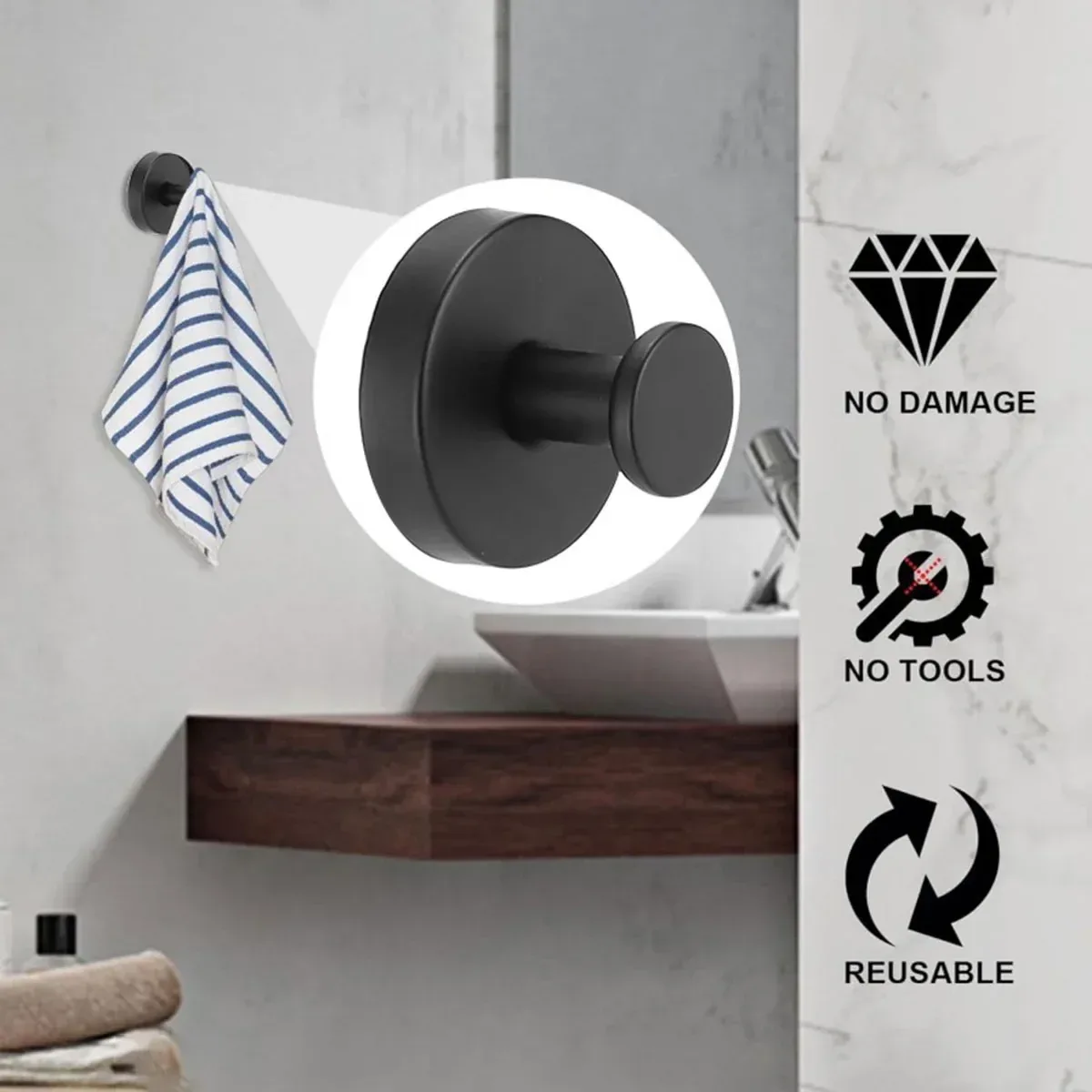2/4PCS Suction Cup Hook Wall Vacuum Hanger No Drill Coat Hat Holder for Bathroom - Black-4pcs