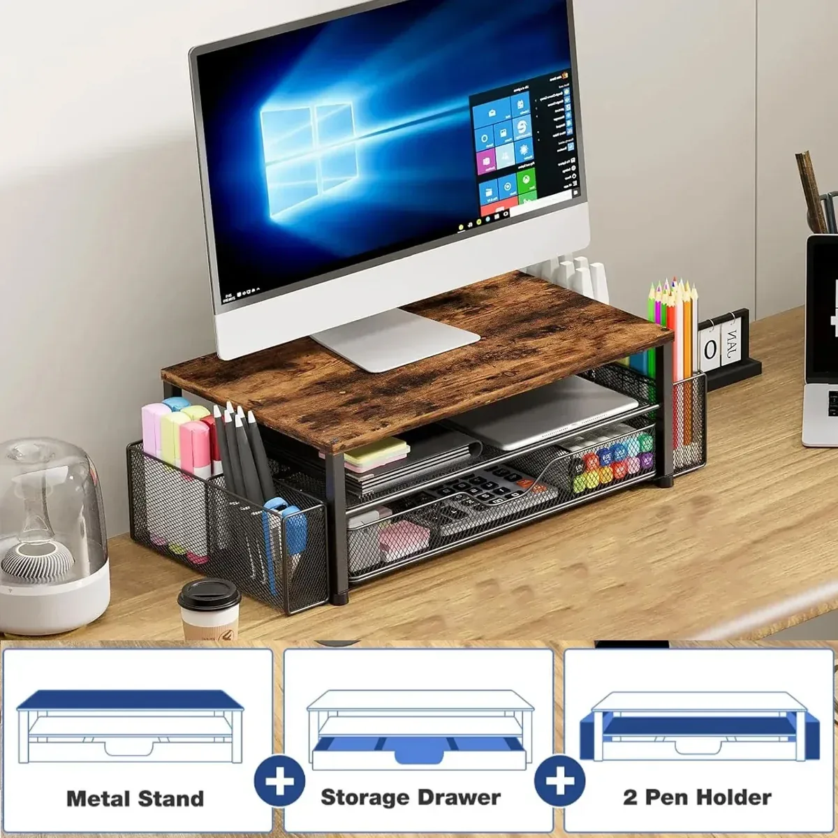 Computer Stand Riser With Drawer Storage Monitor Shelf For PC Laptop Workspace