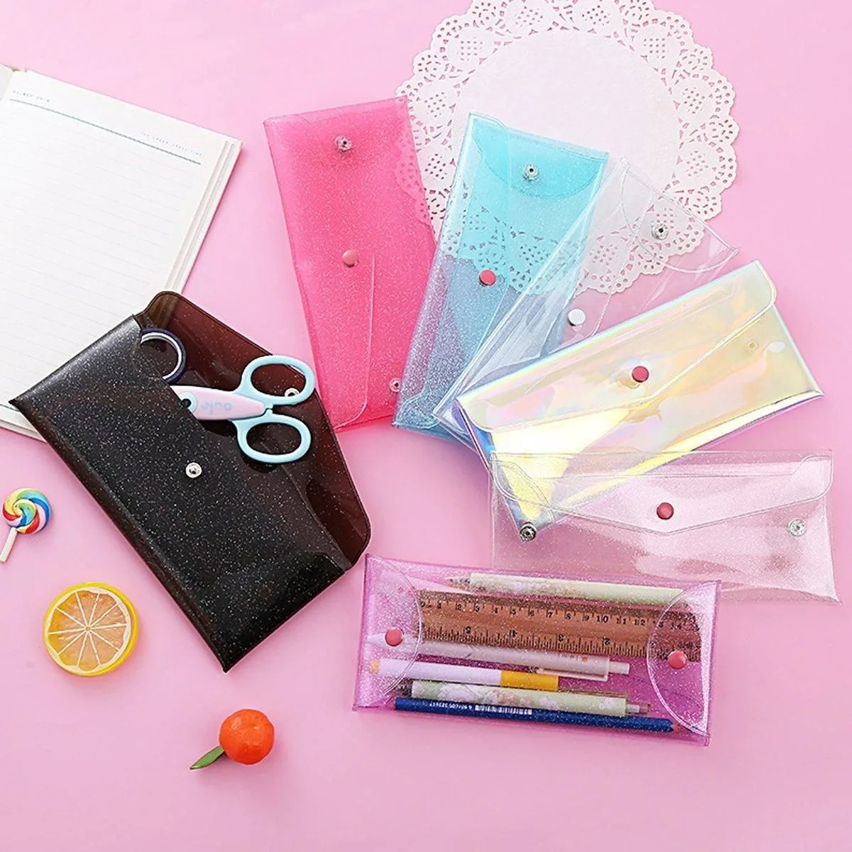 7pcs Transparent Pencil Case Storage Bag Portable Colorful Buckle Organizer Pack