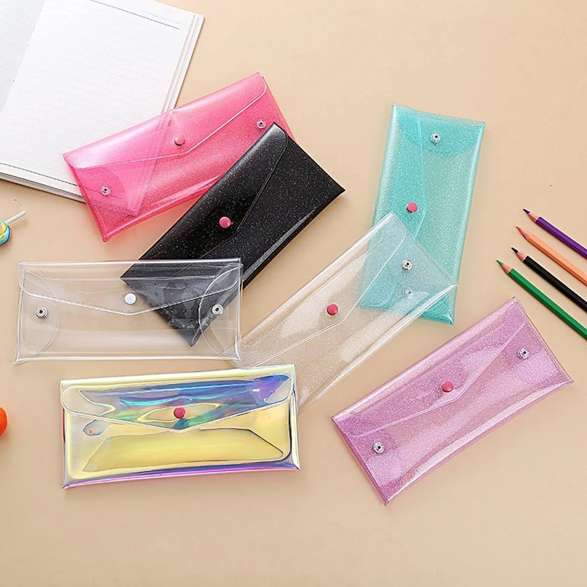 7pcs Transparent Pencil Case Storage Bag Portable Colorful Buckle Organizer Pack