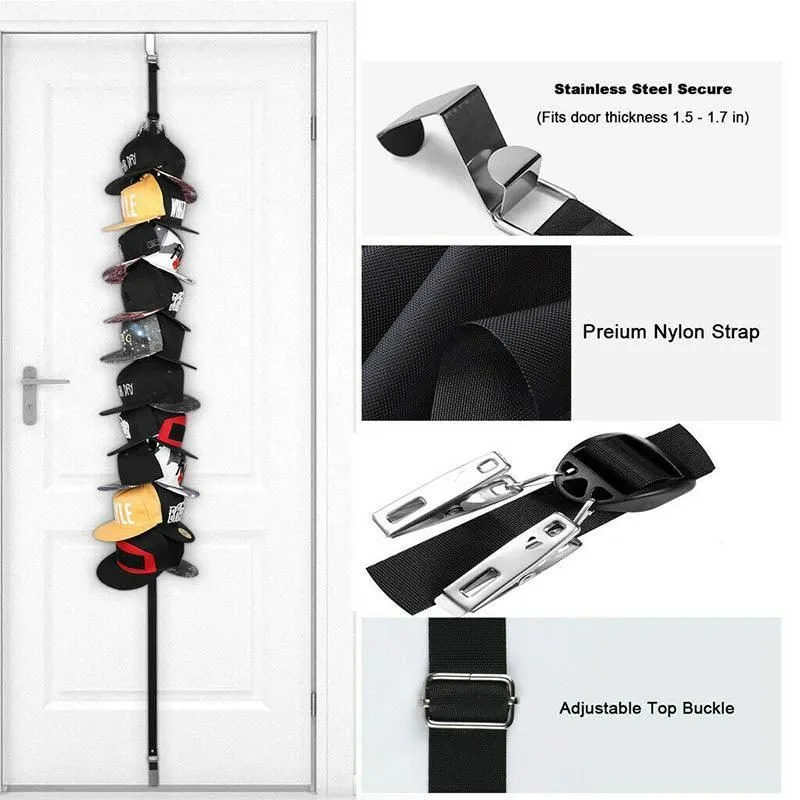 Over Door Hat Rack Baseball Cap Holder Storage Strap with Clips Closet Organizer