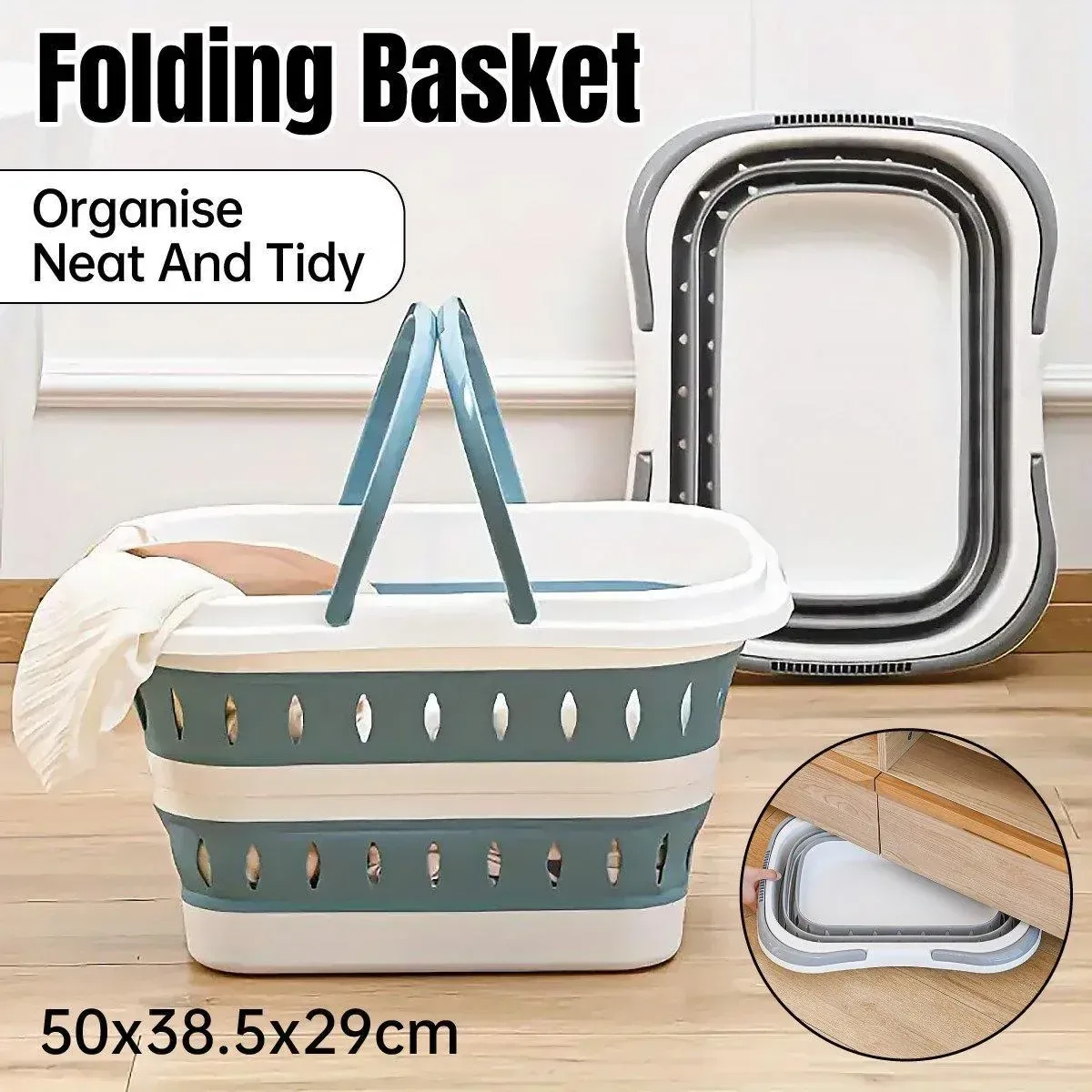 Large Folding Laundry Basket Plastic Dirty Clothes Hamper Blue Bathroom Storage