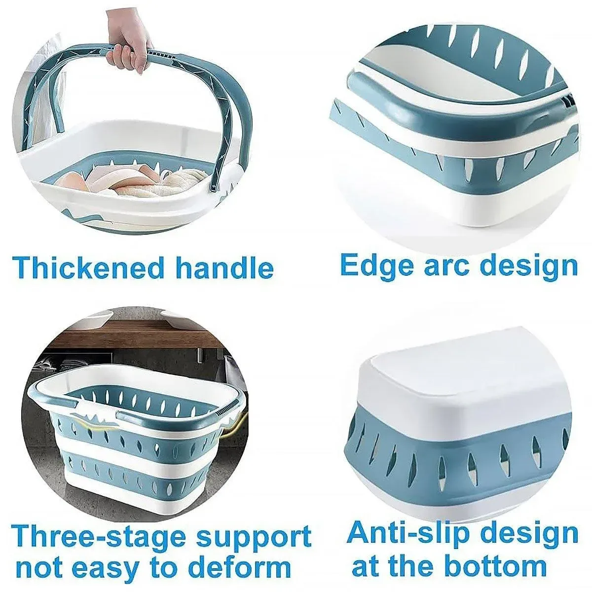 Large Folding Laundry Basket Plastic Dirty Clothes Hamper Blue Bathroom Storage
