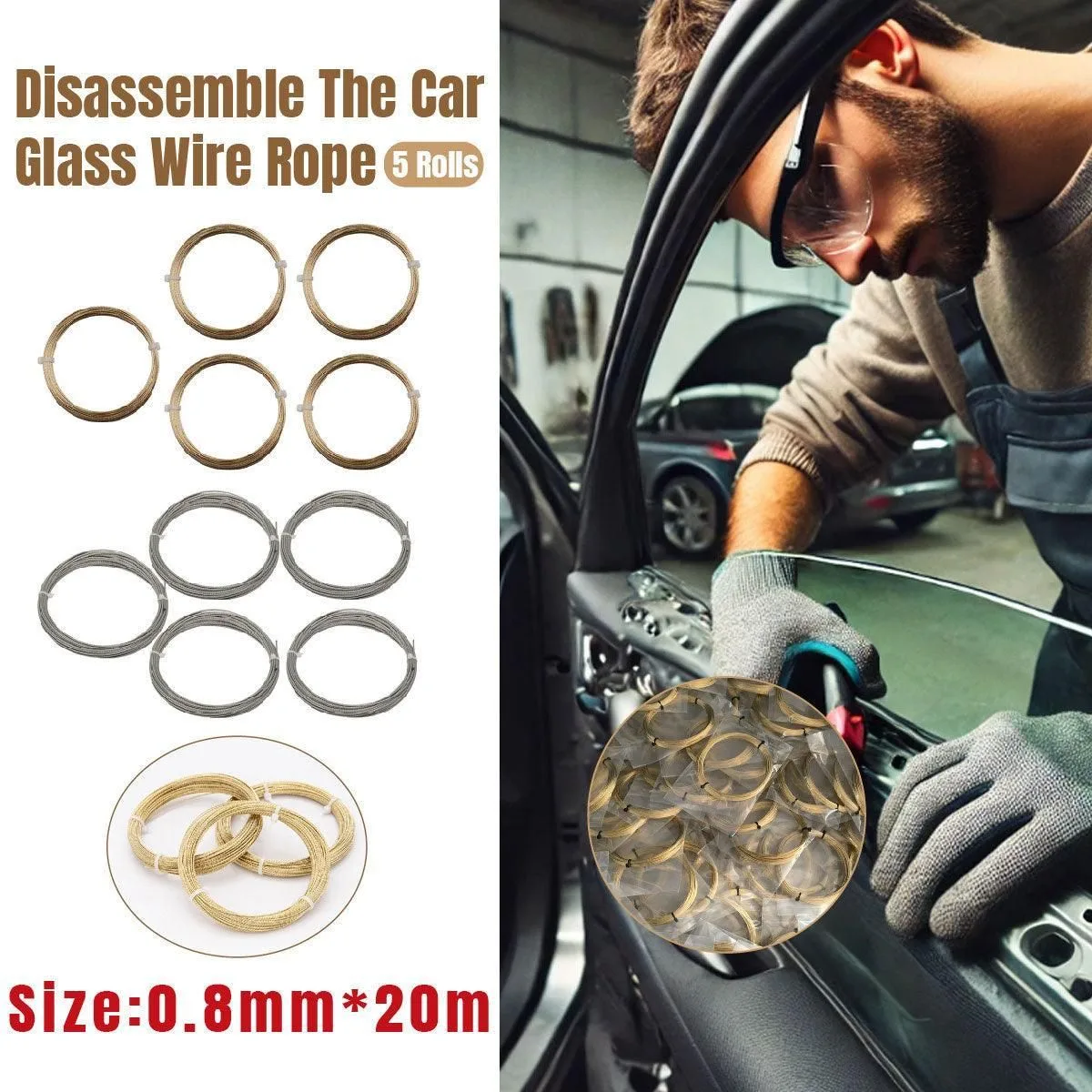 5 Rolls Automotive Glass Removal Tools Steel Wire Rope Disassembling Kit - Silver