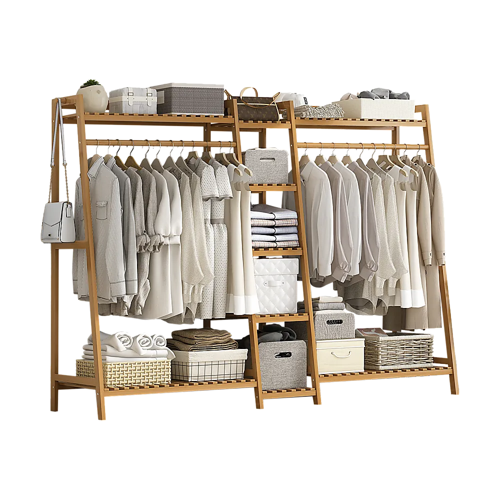 Portable Clothes Rack Coat Garment Stand Bamboo Rail Hanger Airer Closet